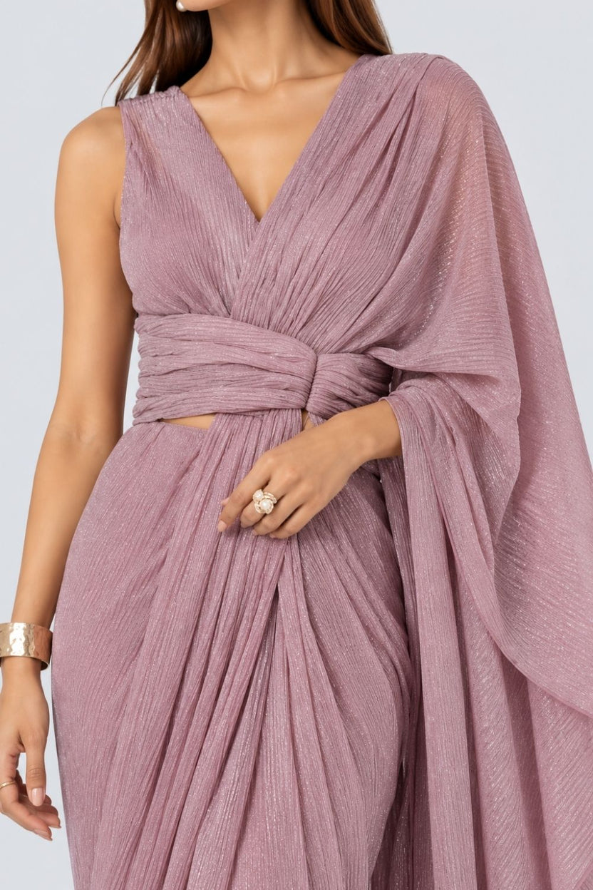 Womens Lilac Shimmer Draped Sari - Image 3