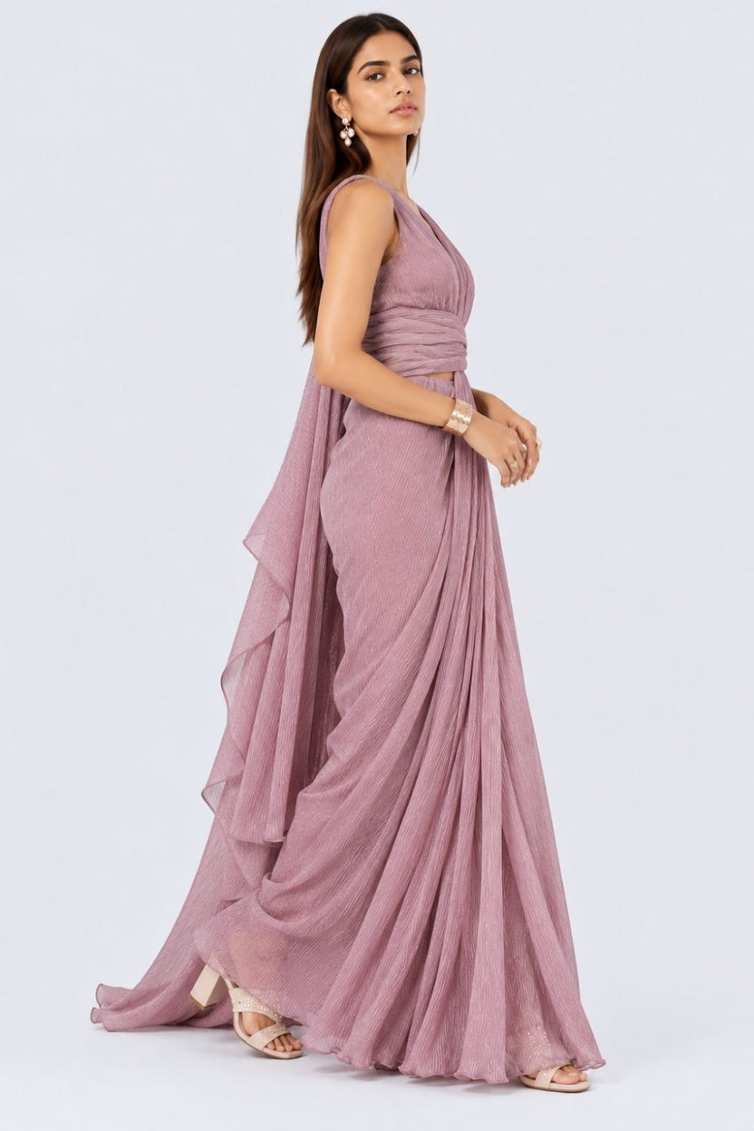Womens Lilac Shimmer Draped Sari - Image 4