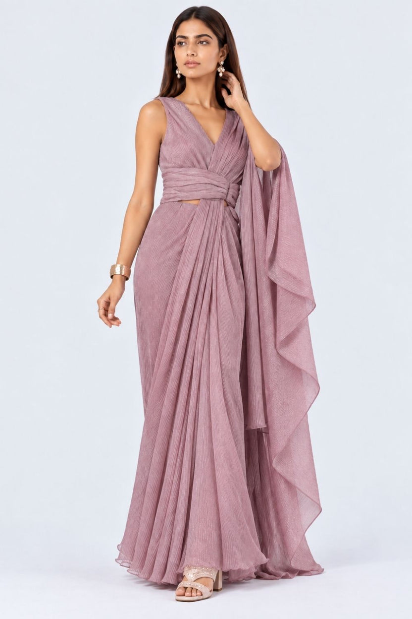 Womens Lilac Shimmer Draped Sari - Image 6