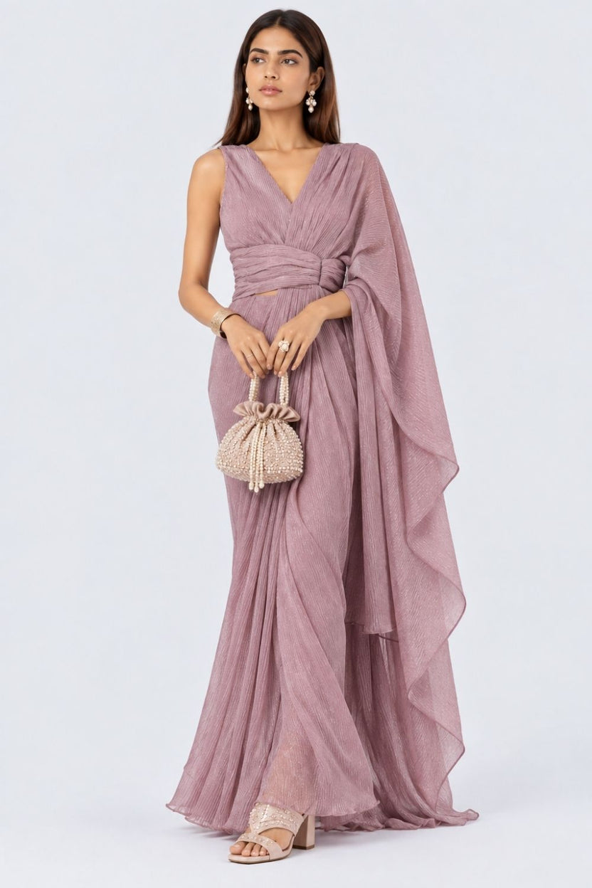 Womens Lilac Shimmer Draped Sari - Image 7