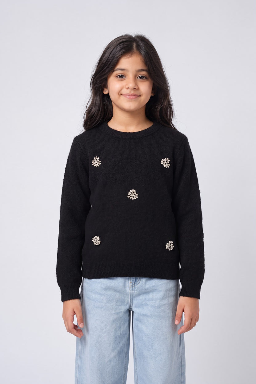 Tweens Girls Black Embellished Knit Sweater - Image 1