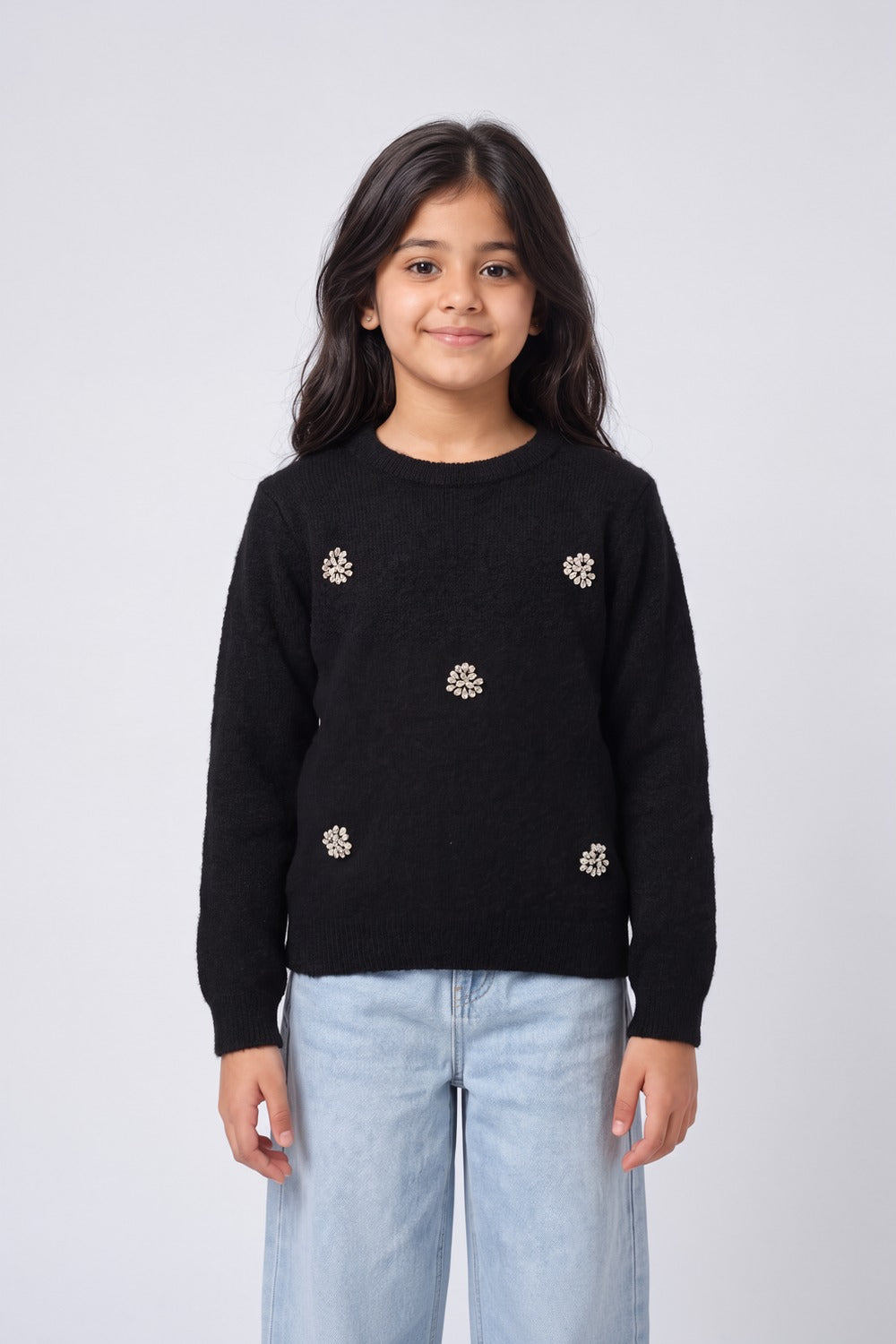 Tweens Girls Black Embellished Knit Sweater - Image 1
