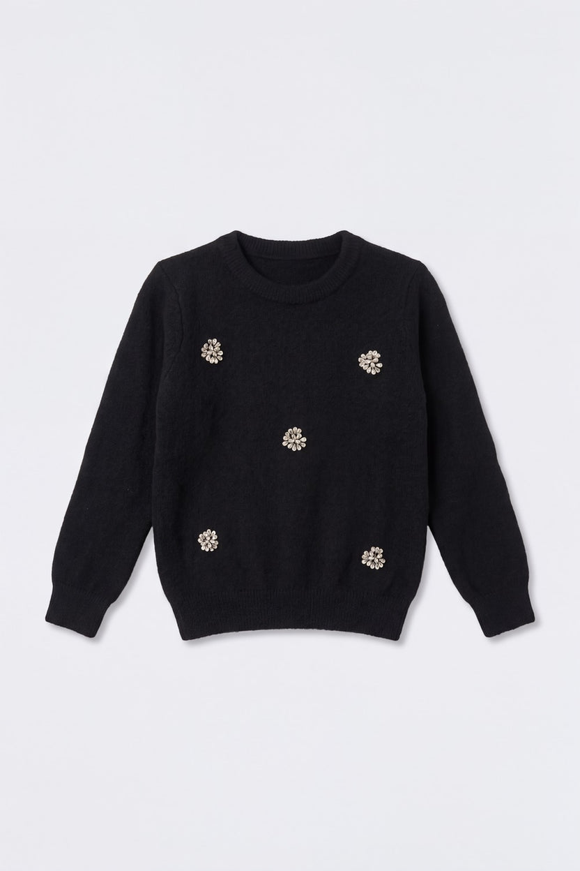 Tweens Girls Black Embellished Knit Sweater - Image 2