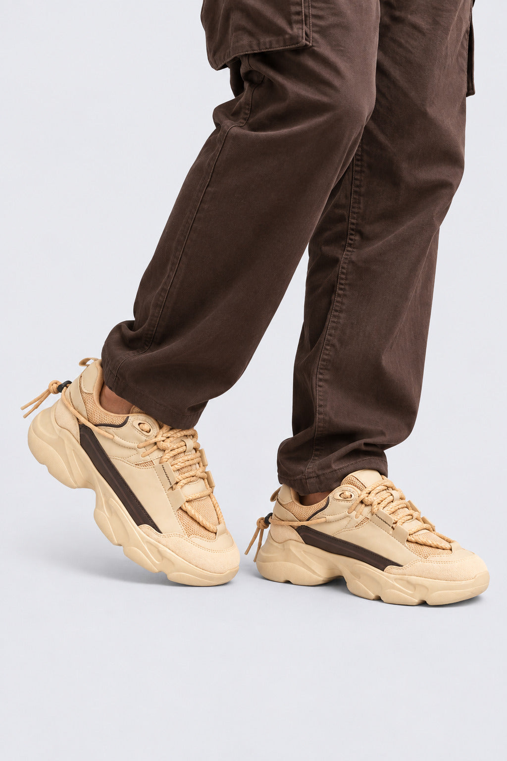 Mens Beige Chunky Sole Lace-Up Sneakers - Image 1