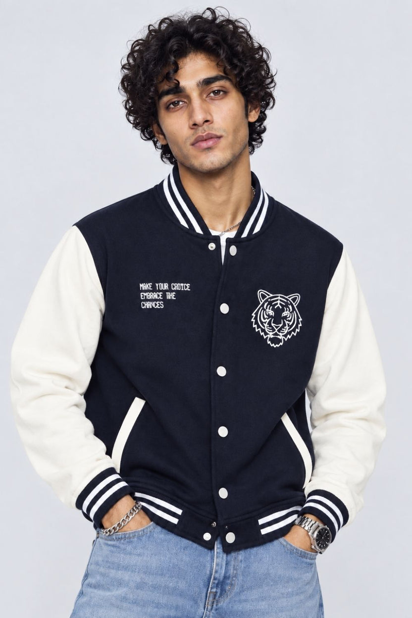 Mens Navy Colorblock Varsity Bomber Jacket - Image 1