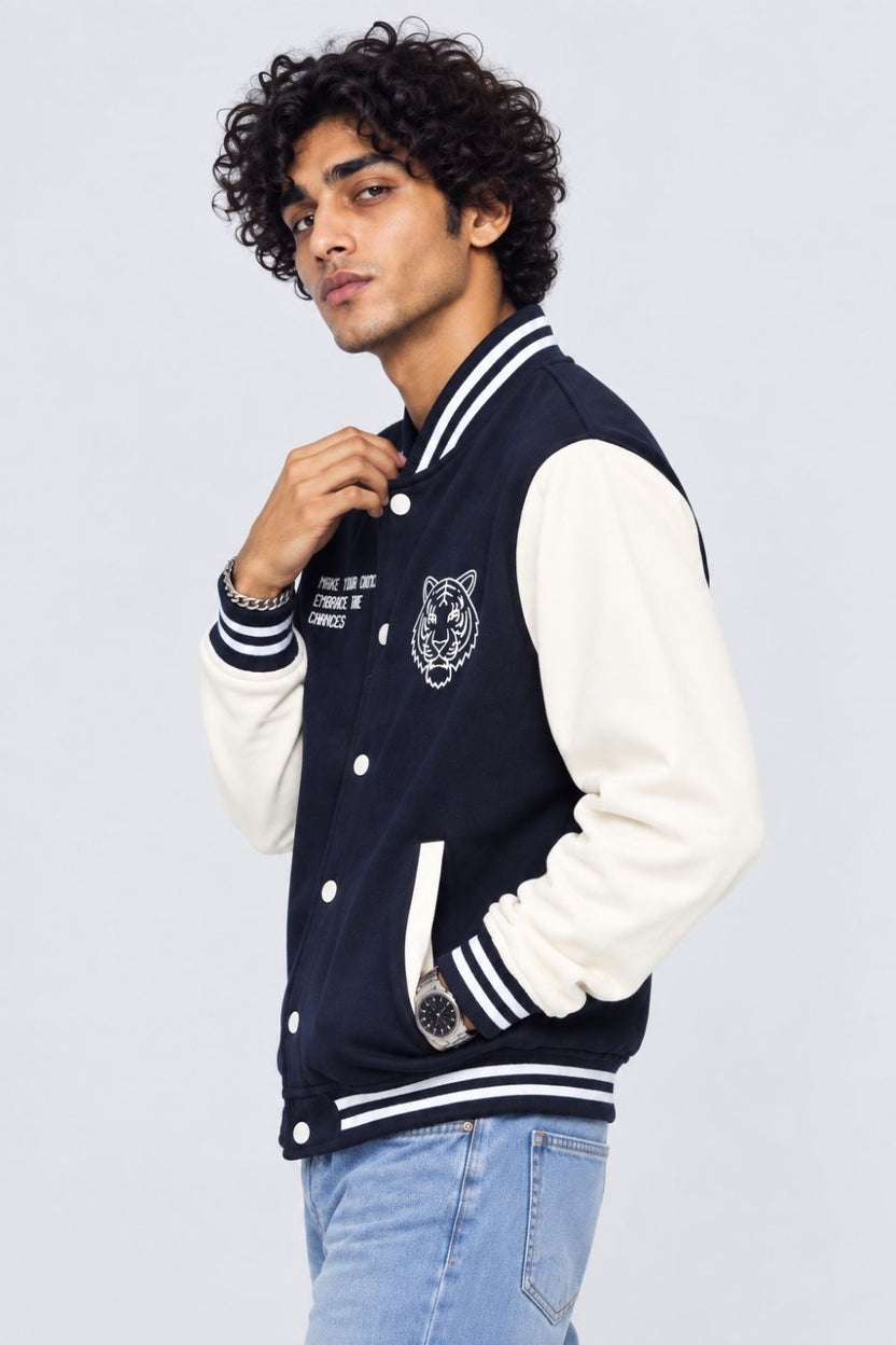 Mens Navy Colorblock Varsity Bomber Jacket - Image 2