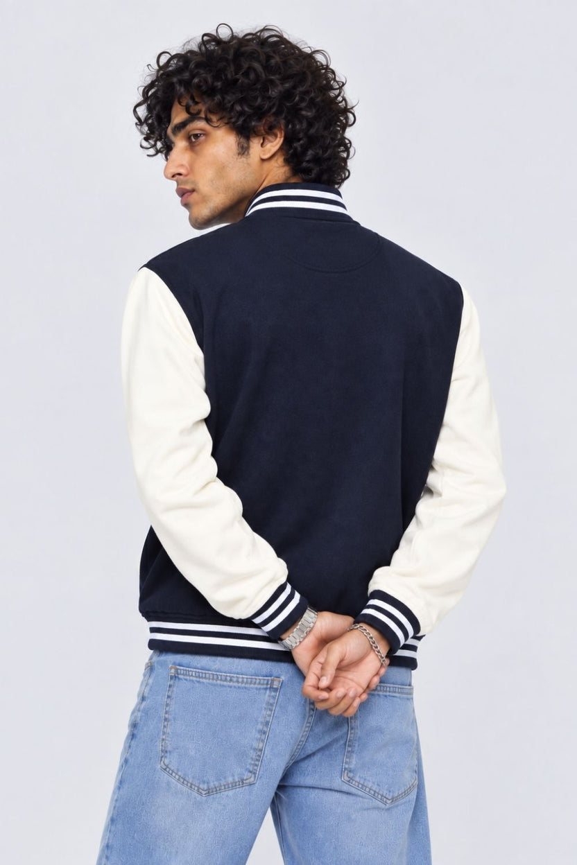 Mens Navy Colorblock Varsity Bomber Jacket - Image 4