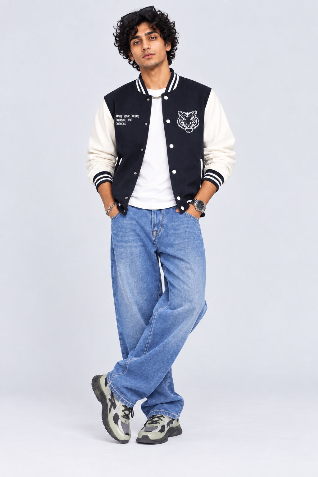 Mens Navy Colorblock Varsity Bomber Jacket - Image 5