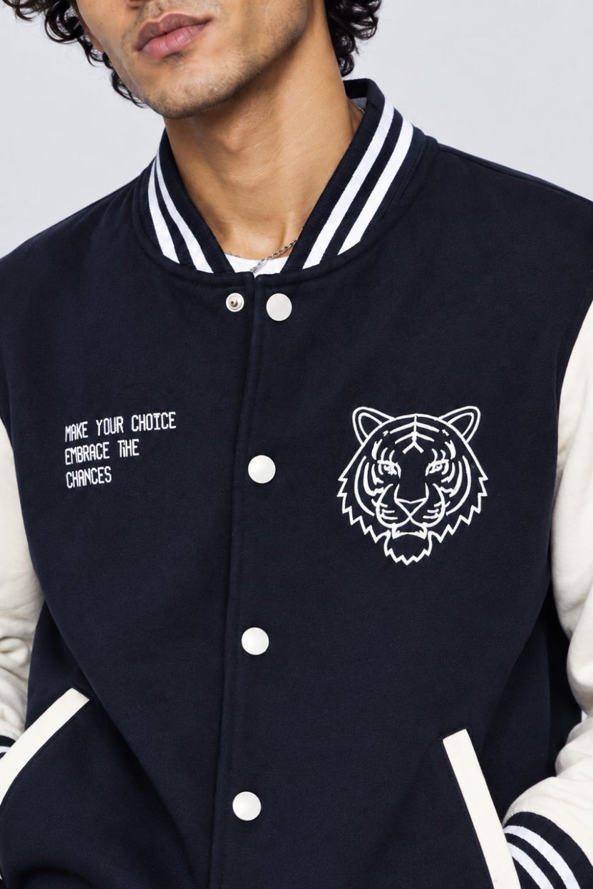 Mens Navy Colorblock Varsity Bomber Jacket - Image 8