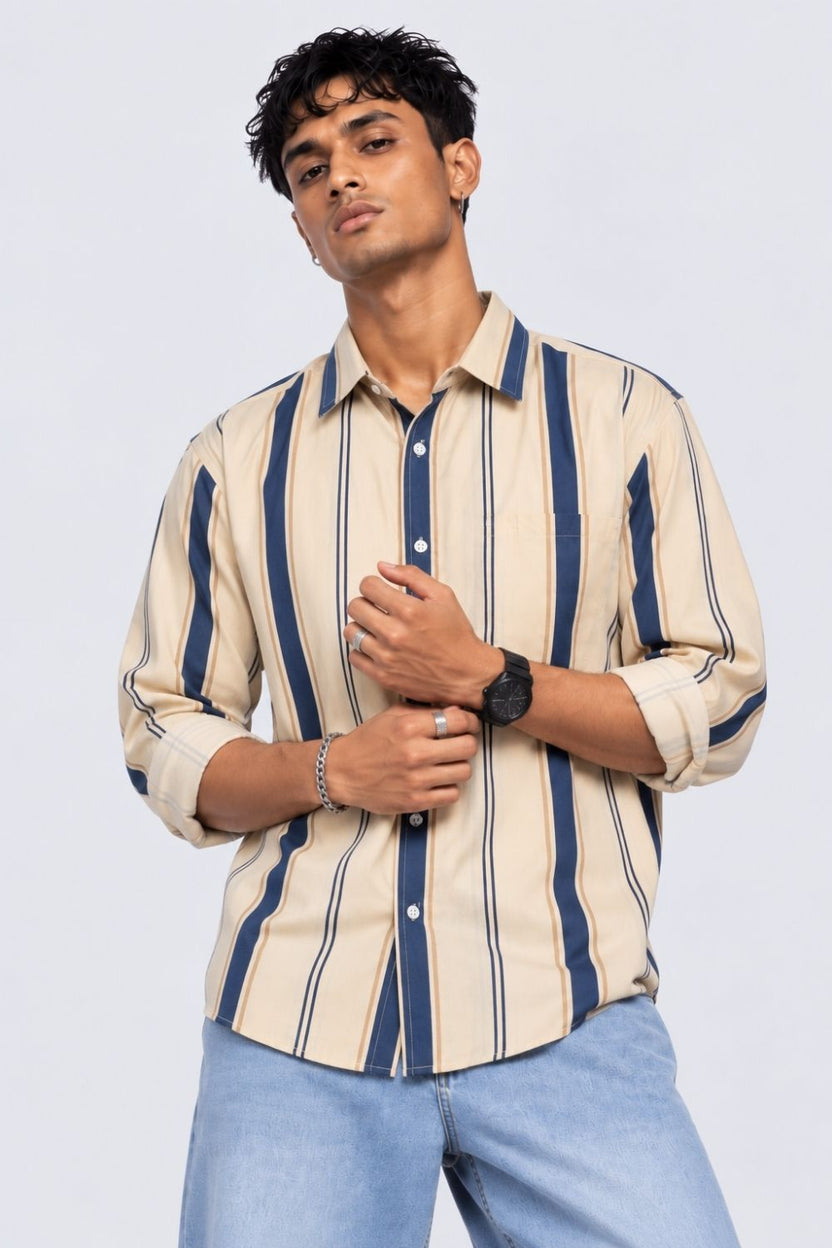 Men Beige Striped Cotton Casual Shirt - Image 1