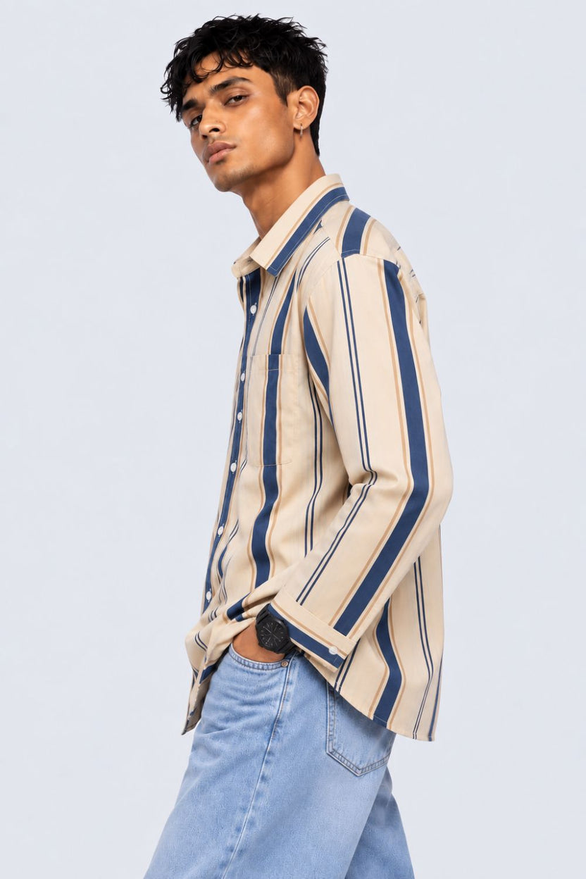 Men Beige Striped Cotton Casual Shirt - Image 2