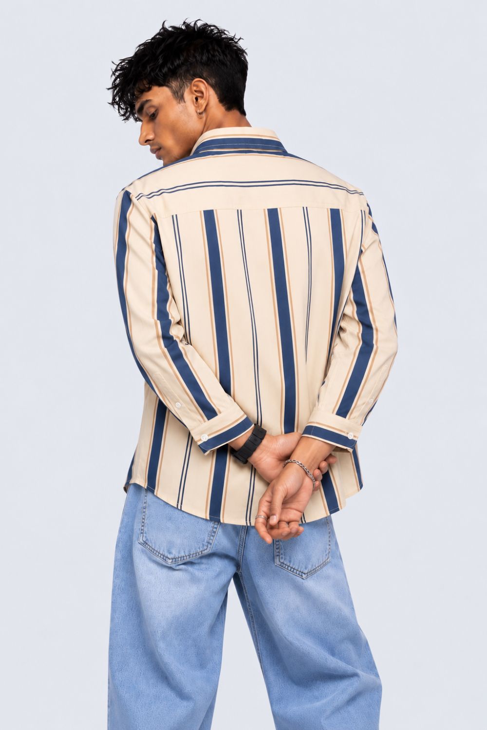 Men Beige Striped Cotton Casual Shirt - Image 4