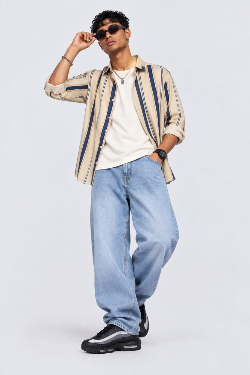 Men Beige Striped Cotton Casual Shirt - Image 5