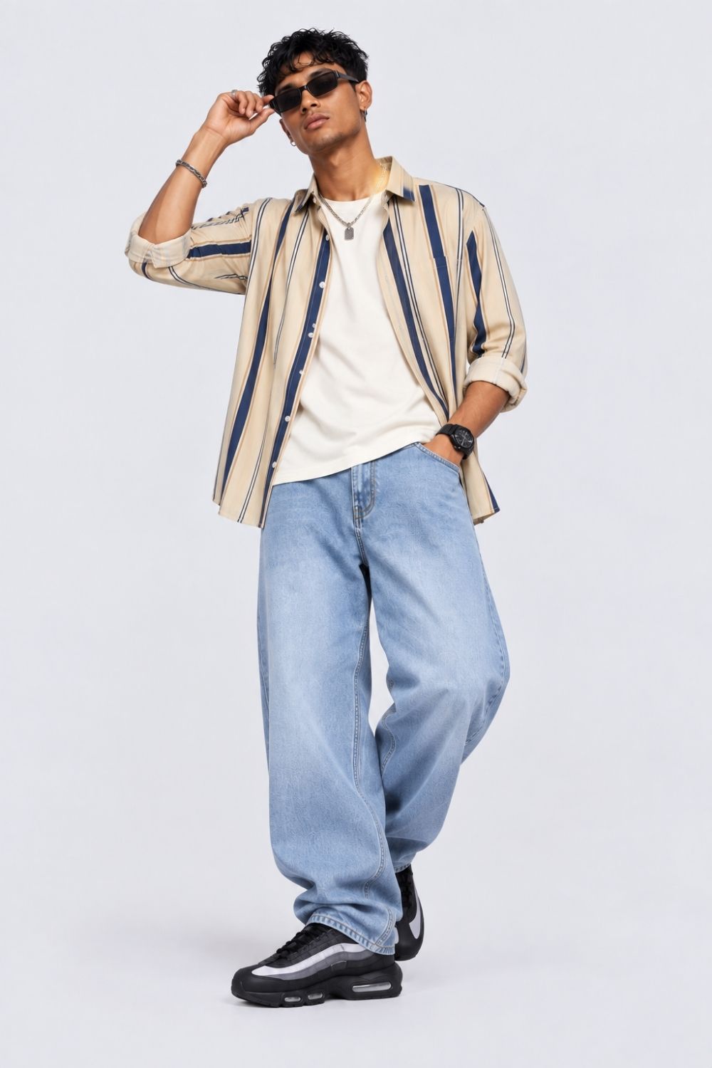 Men Beige Striped Cotton Casual Shirt - Image 5