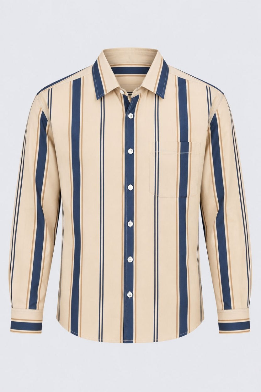 Men Beige Striped Cotton Casual Shirt - Image 6
