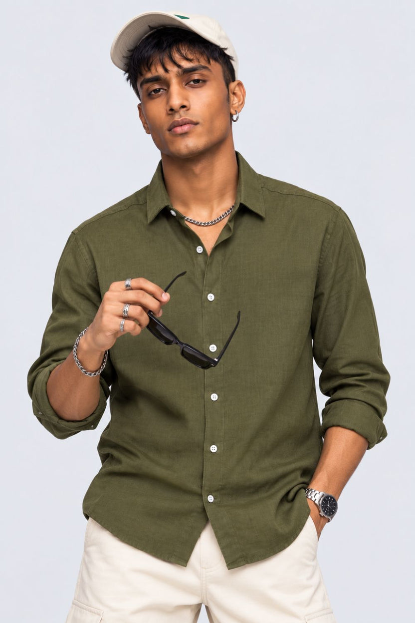 Mens Green Solid Cotton Slub Casual Shirt - Image 1