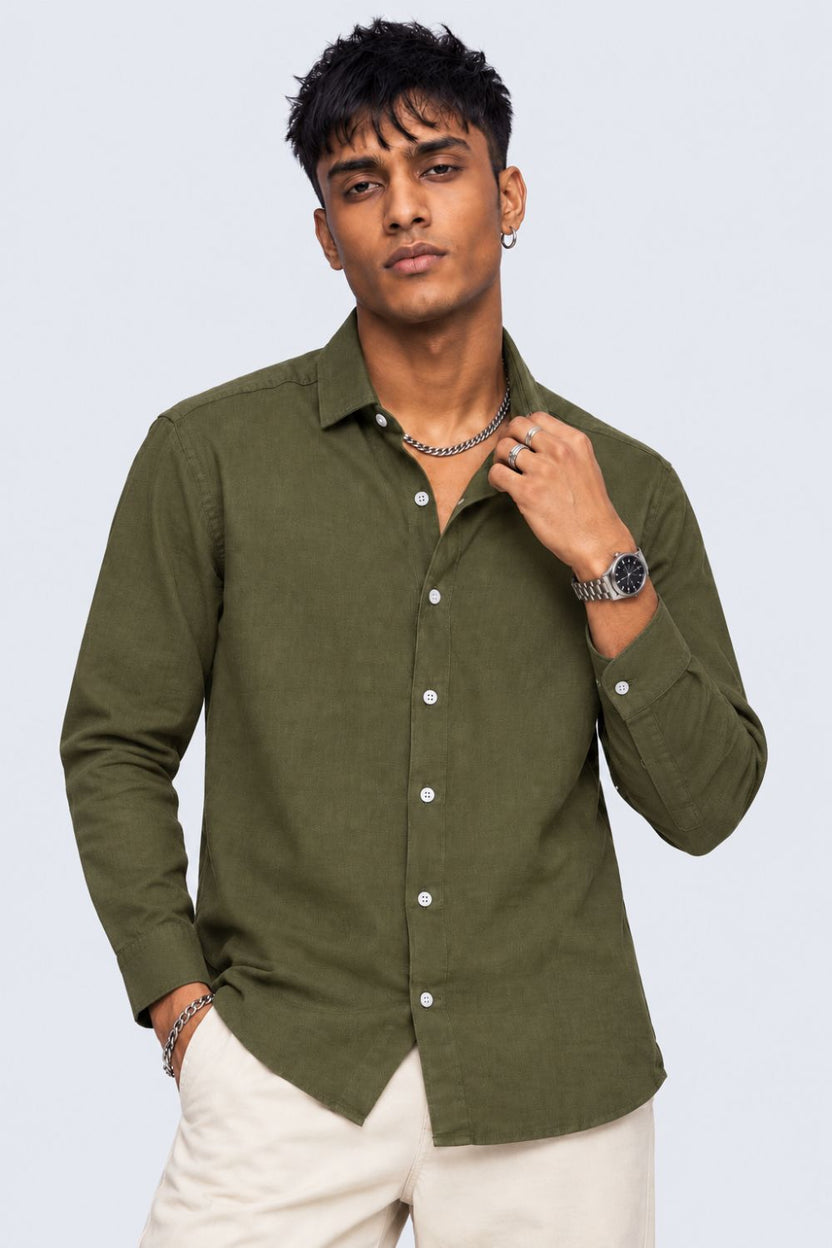 Mens Green Solid Cotton Slub Casual Shirt - Image 2