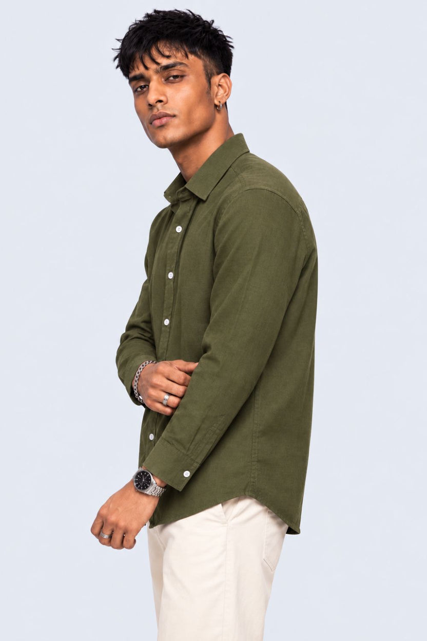 Mens Green Solid Cotton Slub Casual Shirt - Image 4