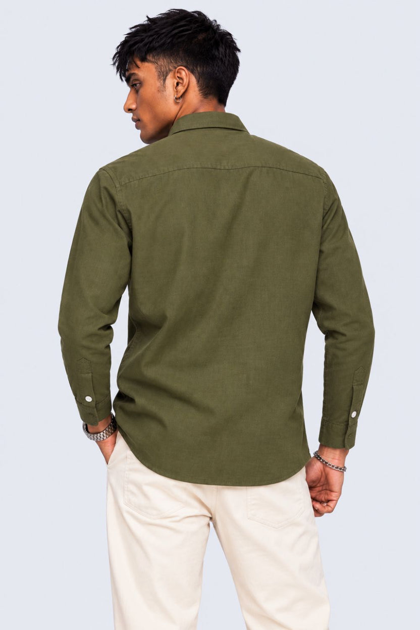 Mens Green Solid Cotton Slub Casual Shirt - Image 5