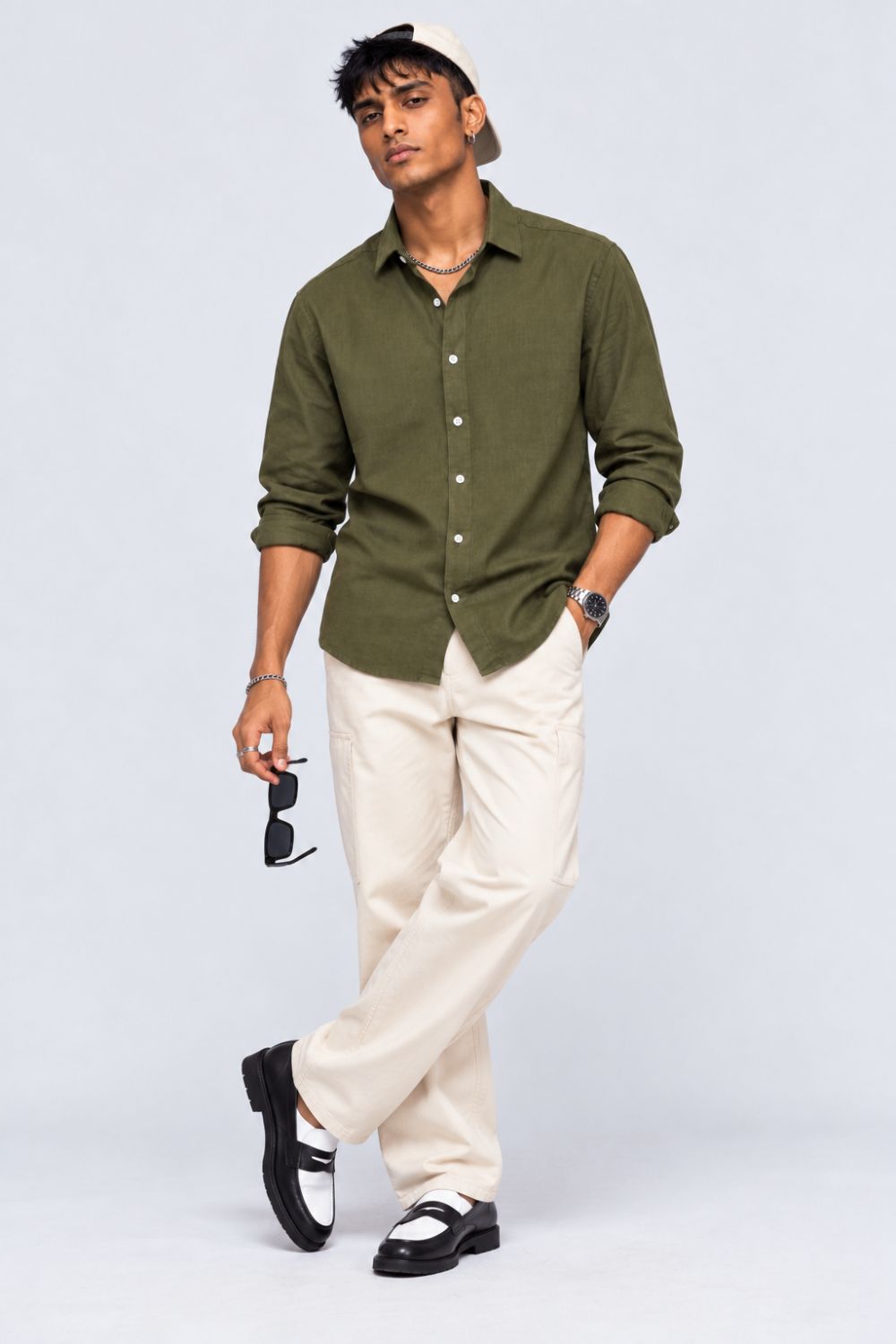 Mens Green Solid Cotton Slub Casual Shirt - Image 6
