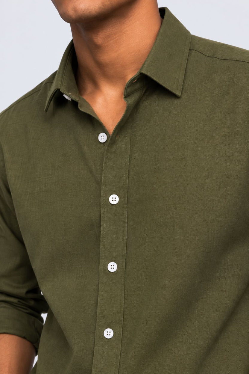 Mens Green Solid Cotton Slub Casual Shirt - Image 9