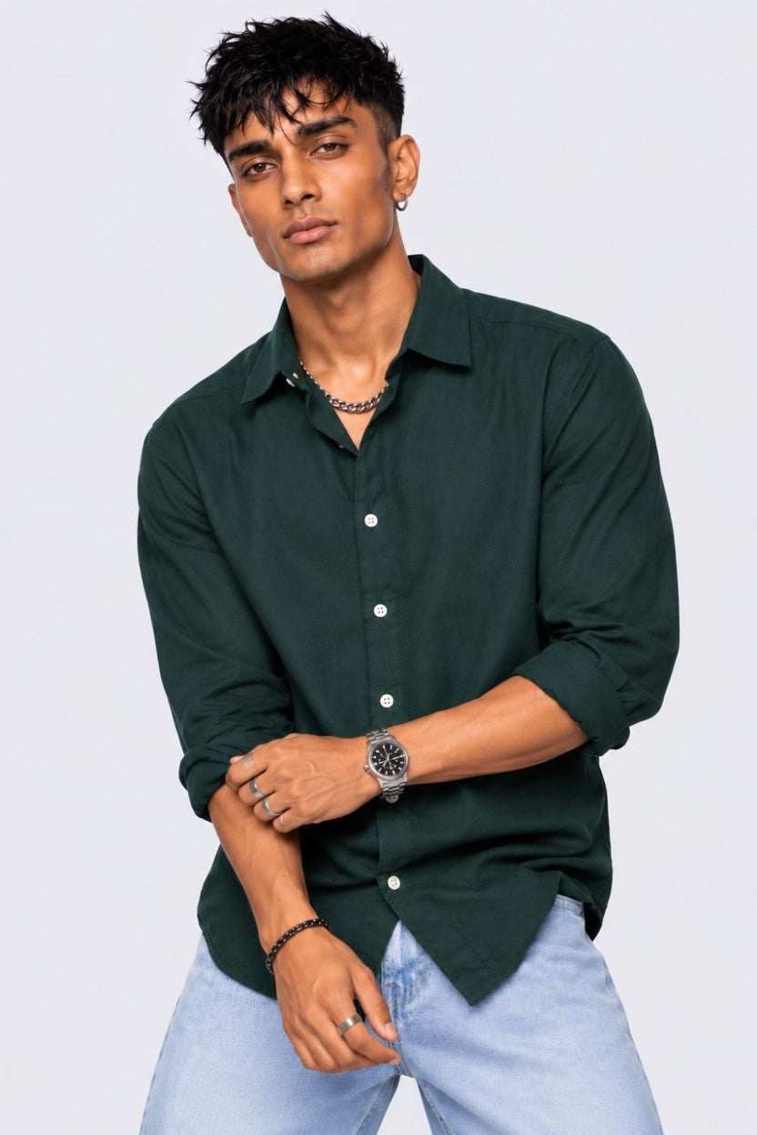 Mens Teal Solid Cotton Slub Casual Shirt - Image 2