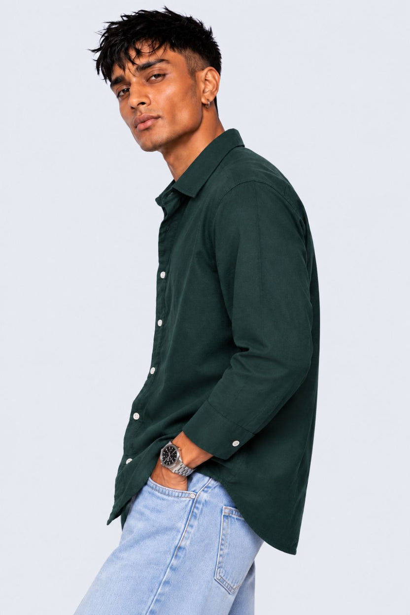 Mens Teal Solid Cotton Slub Casual Shirt - Image 4