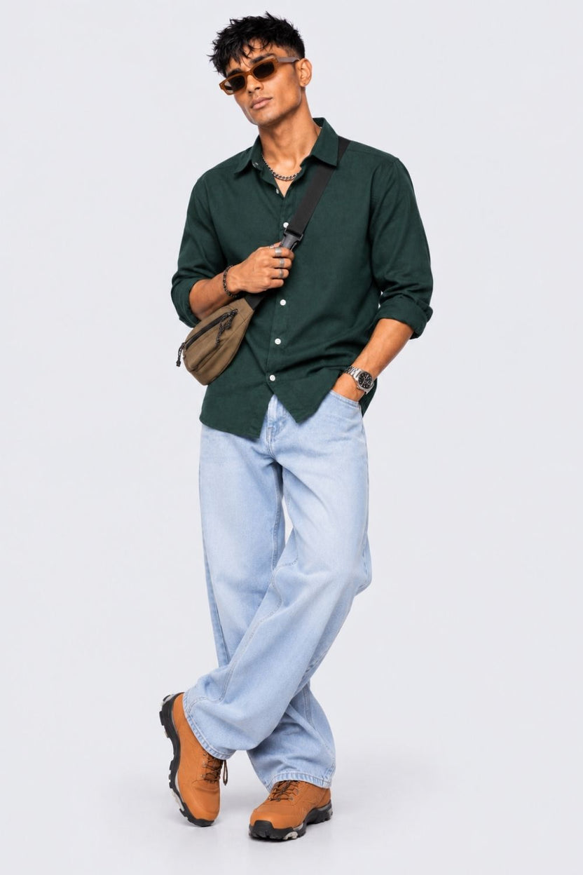 Mens Teal Solid Cotton Slub Casual Shirt - Image 6