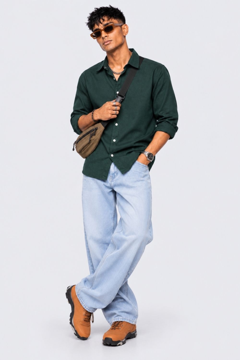 Mens Teal Solid Cotton Slub Casual Shirt - Image 6