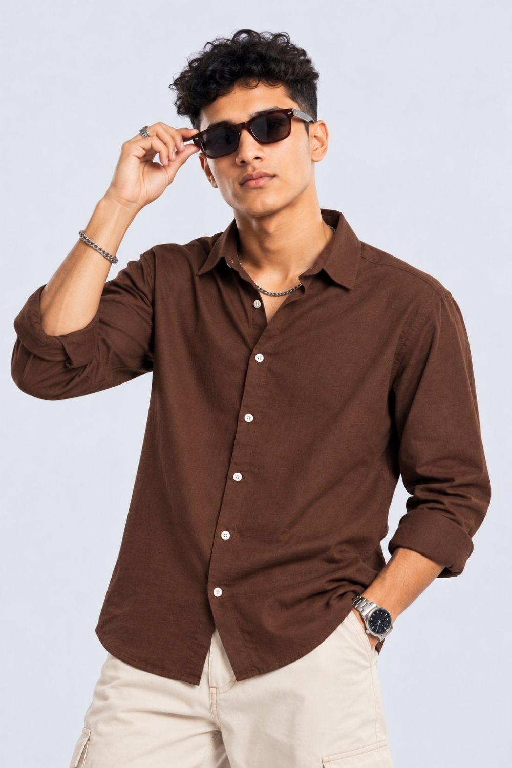 Mens Brown Solid Cotton Slub Casual Shirt - Image 1