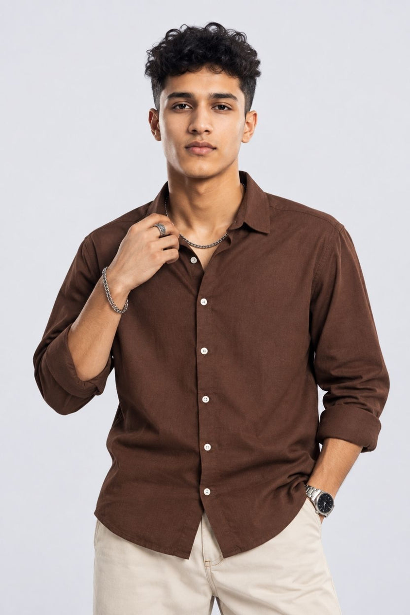 Mens Brown Solid Cotton Slub Casual Shirt - Image 2