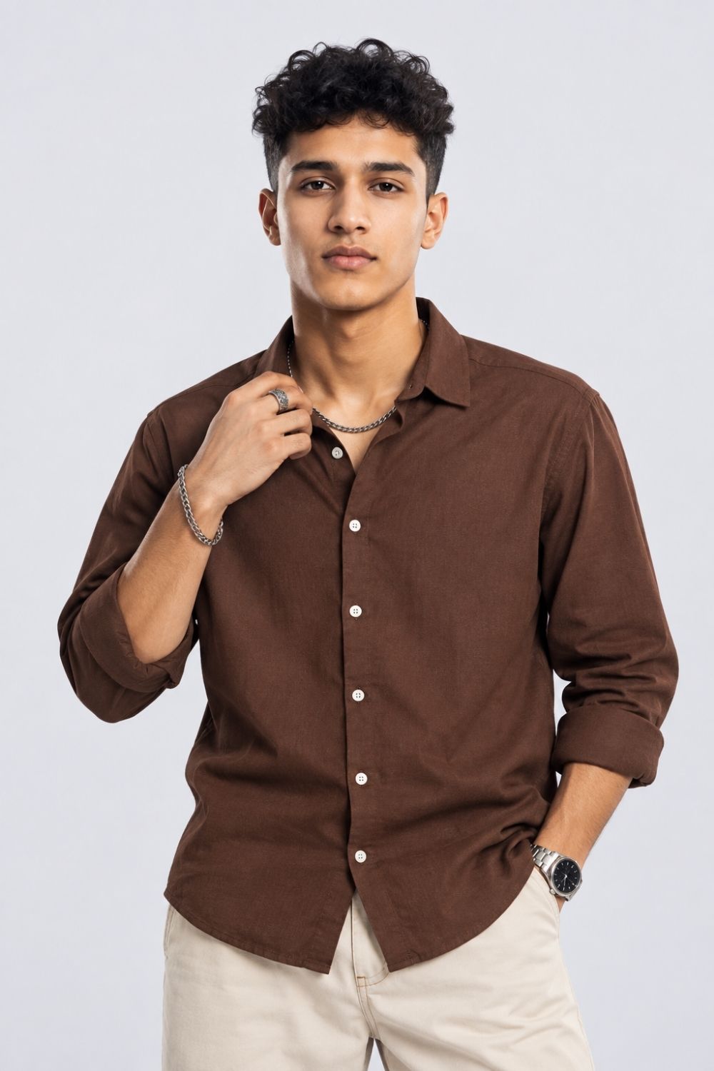 Mens Brown Solid Cotton Slub Casual Shirt - Image 2