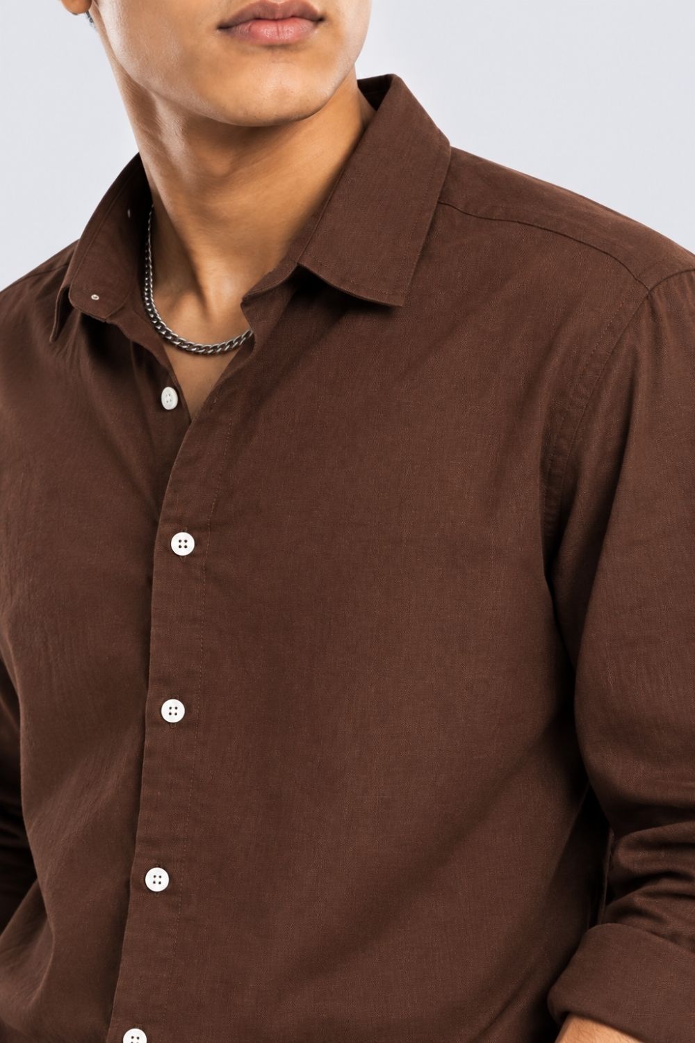 Mens Brown Solid Cotton Slub Casual Shirt - Image 3