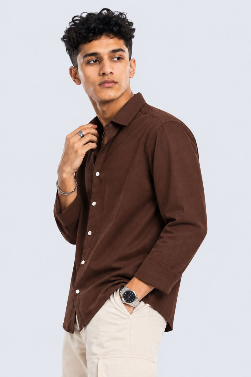 Mens Brown Solid Cotton Slub Casual Shirt - Image 4