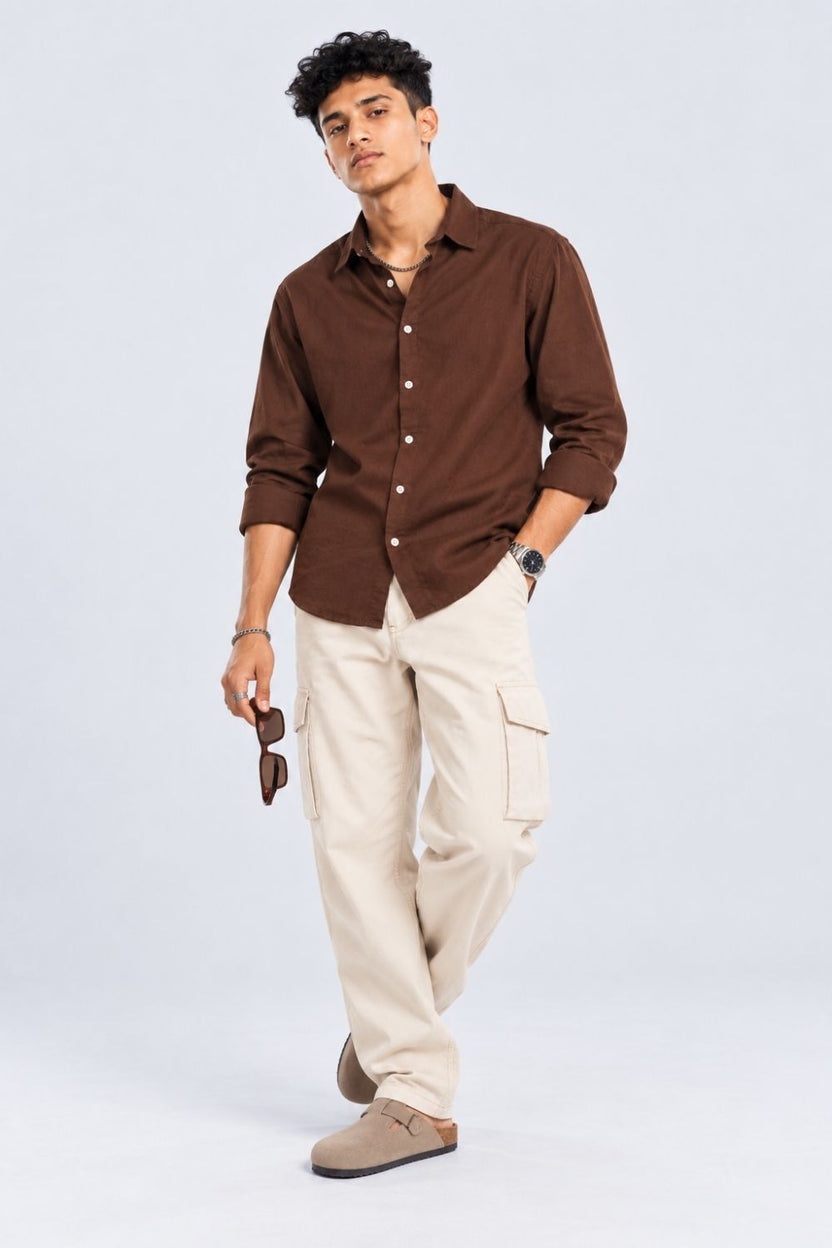 Mens Brown Solid Cotton Slub Casual Shirt - Image 6