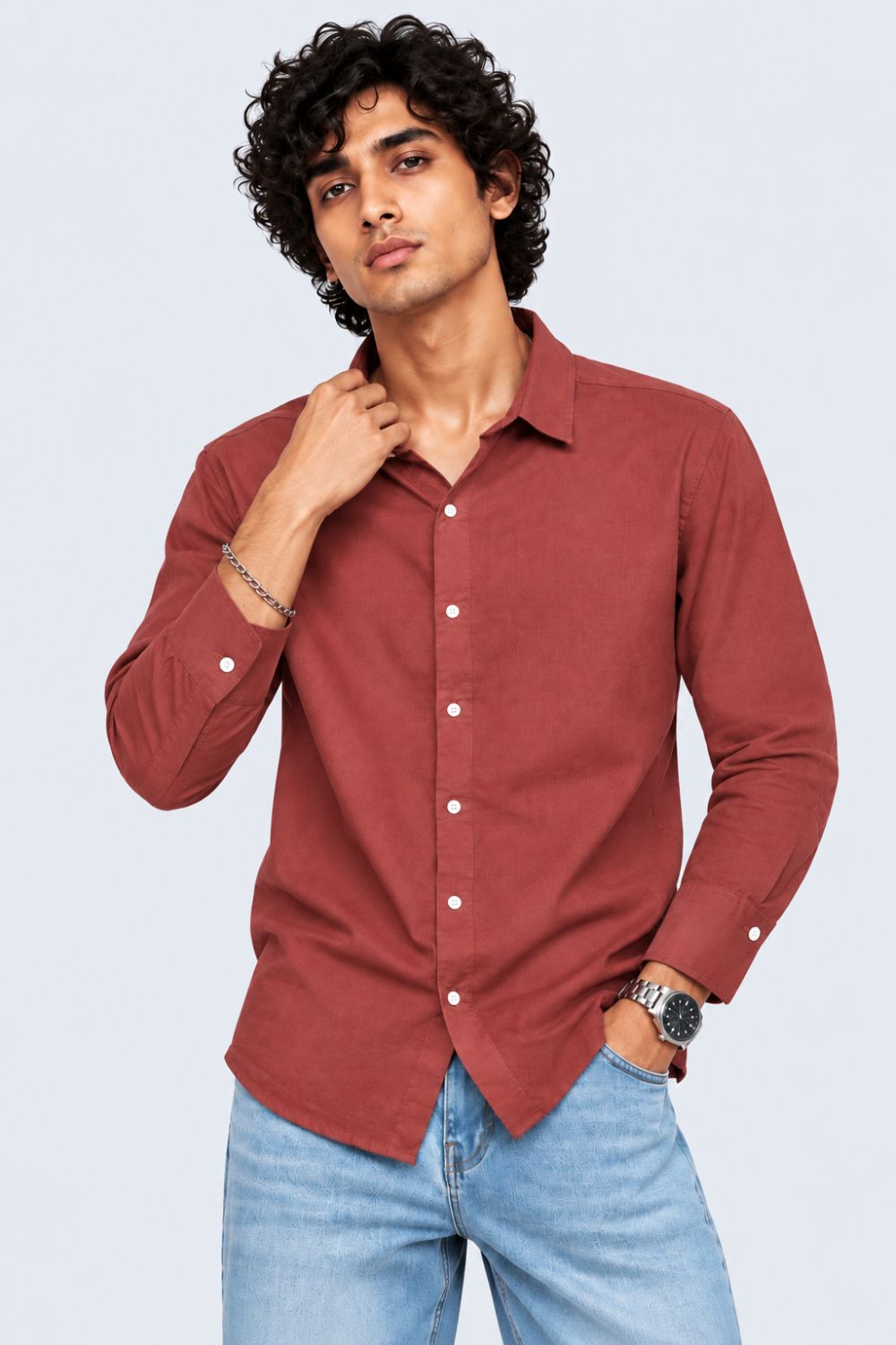 Mens Rust Cotton Casual Shirt - Image 2