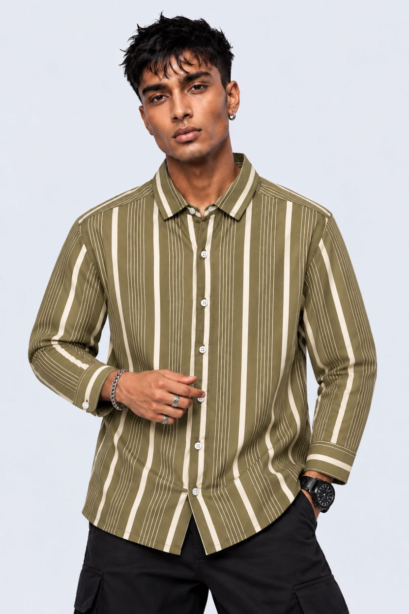 Mens Olive Striped Cotton Shirt - Image 1
