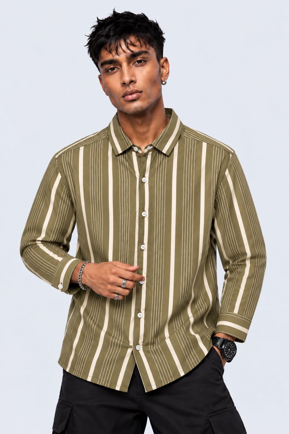 Mens Olive Striped Cotton Shirt - Image 1