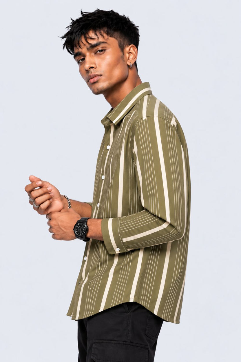 Mens Olive Striped Cotton Shirt - Image 2