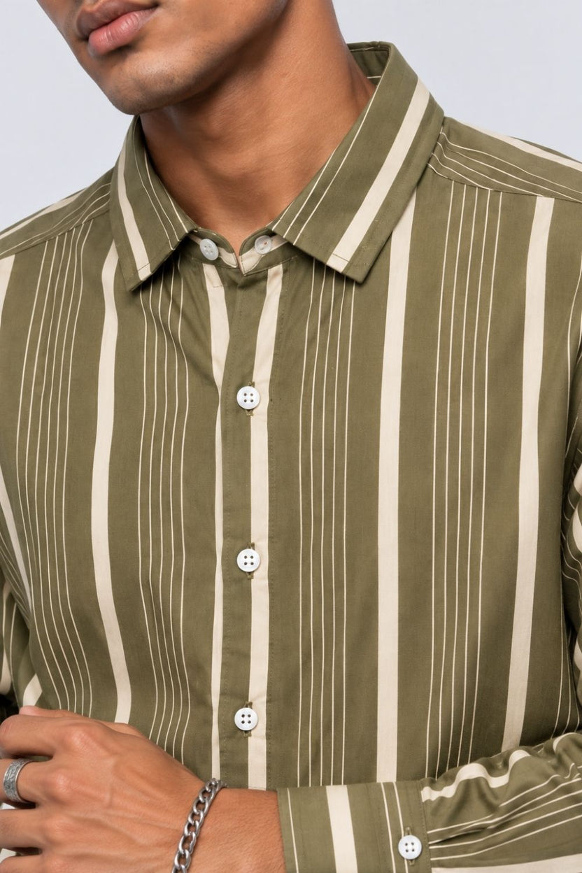 Mens Olive Striped Cotton Shirt - Image 3
