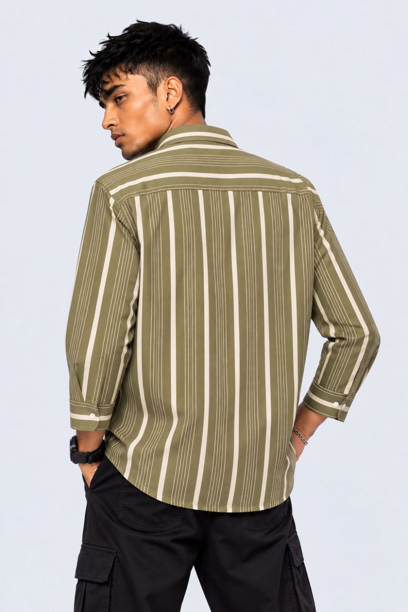 Mens Olive Striped Cotton Shirt - Image 4