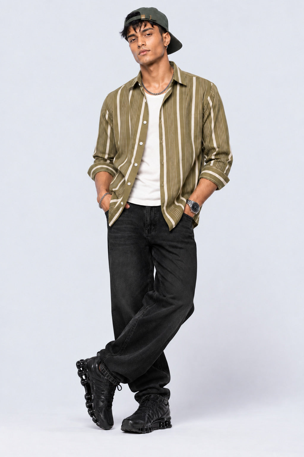Mens Olive Striped Cotton Shirt - Image 5