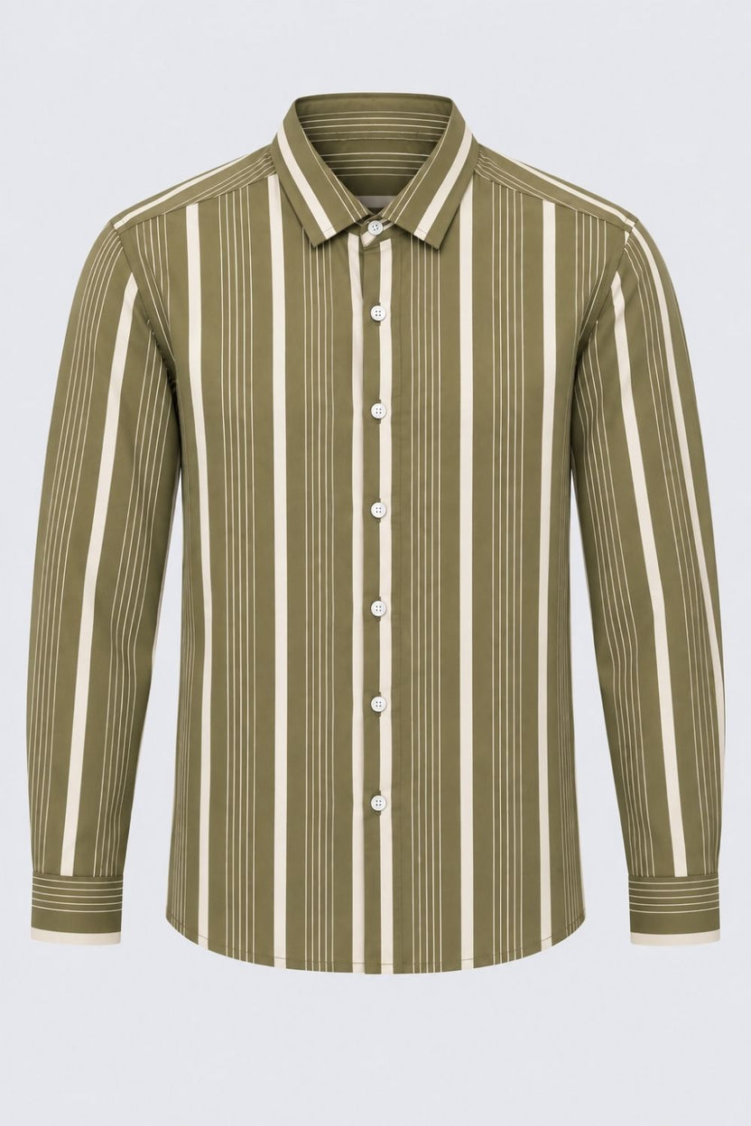 Mens Olive Striped Cotton Shirt - Image 6