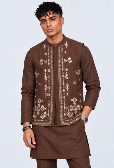 Mens Brown Embroidered Ethnic Nehru Jacket