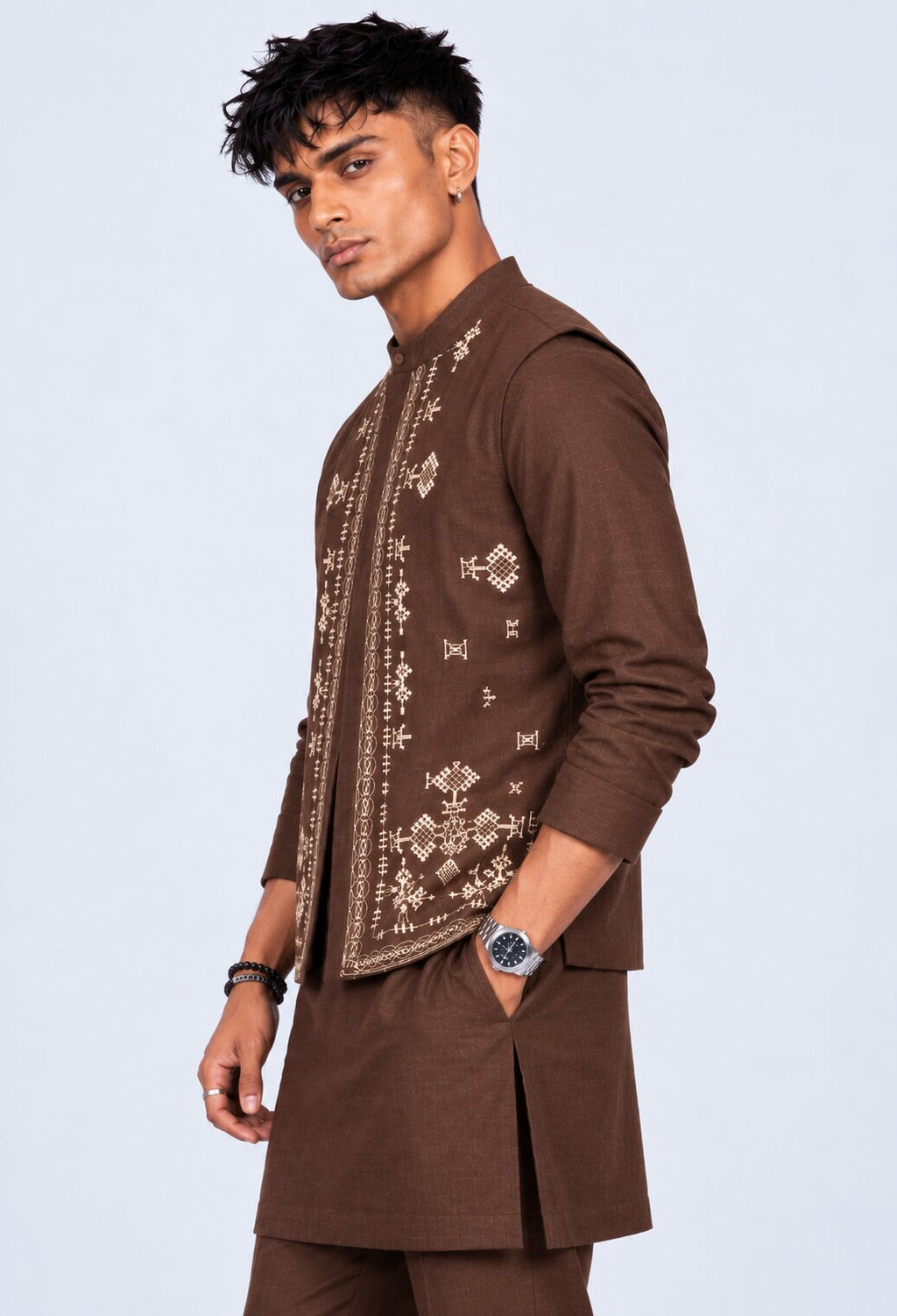 Mens Brown Embroidered Ethnic Nehru Jacket - Image 2