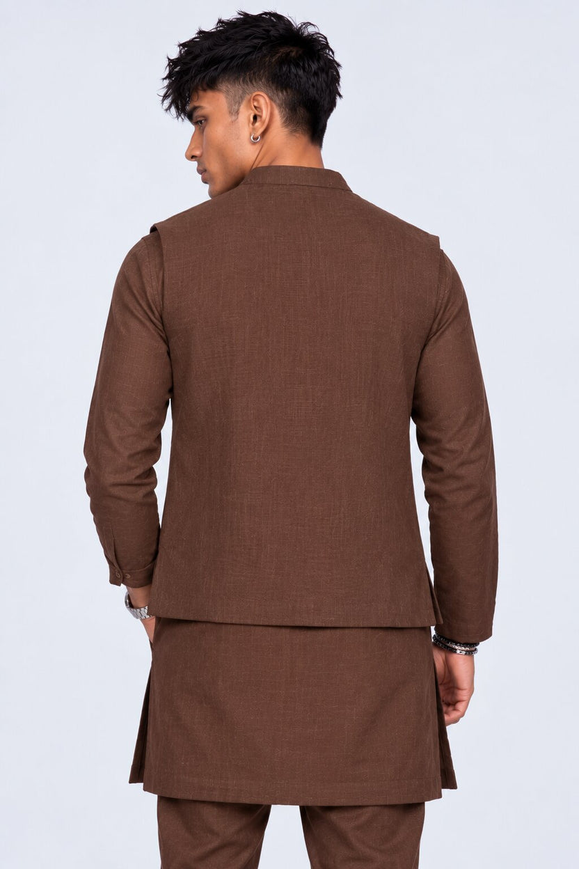 Mens Brown Embroidered Ethnic Nehru Jacket - Image 4
