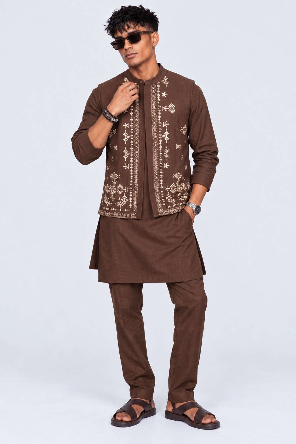 Mens Brown Embroidered Ethnic Nehru Jacket - Image 5