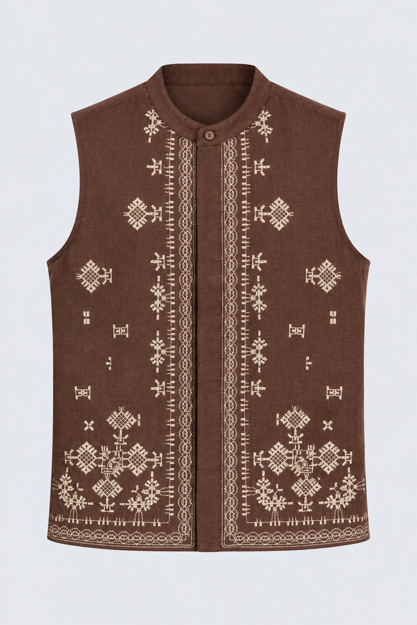 Mens Brown Embroidered Ethnic Nehru Jacket - Image 6