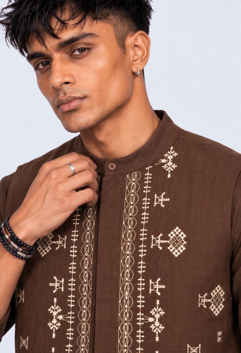 Mens Brown Embroidered Ethnic Nehru Jacket - Image 8