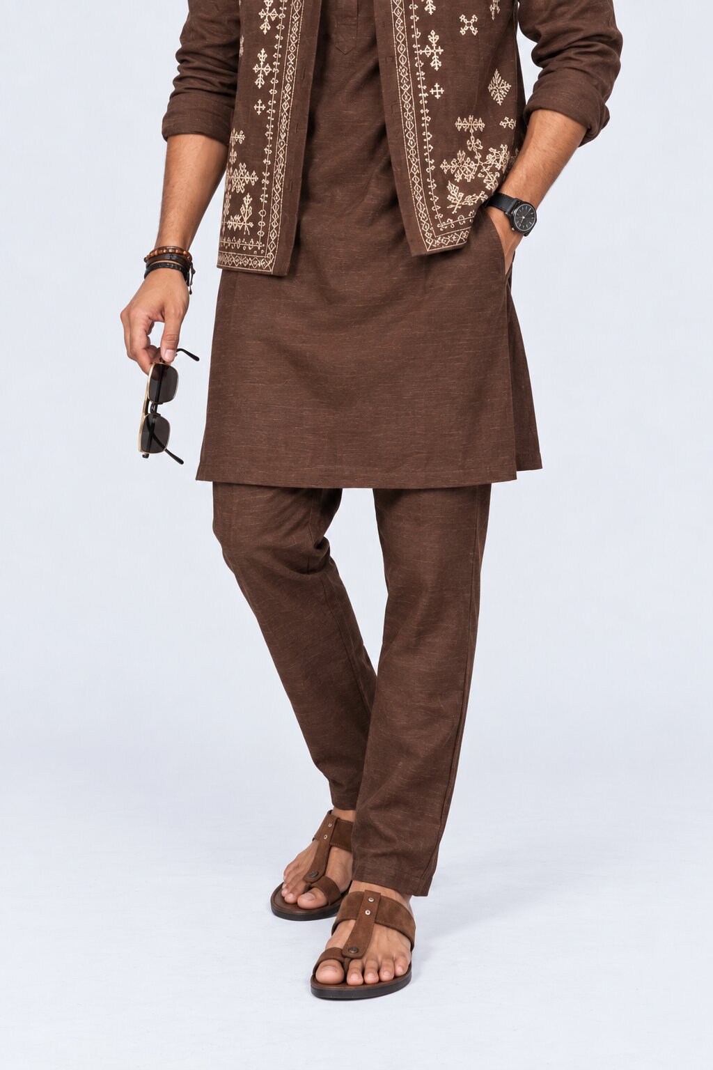 Mens Brown Ethnic Slim Fit Pyjamas - Image 1